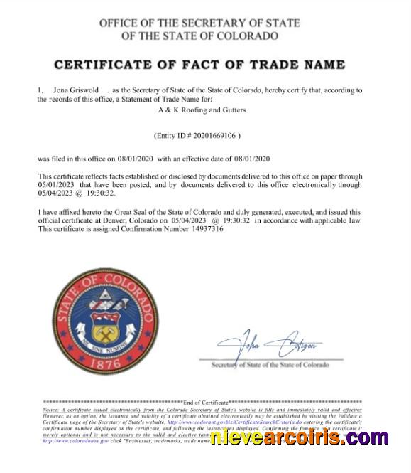 USA Colorado Certificate of fact of trade name